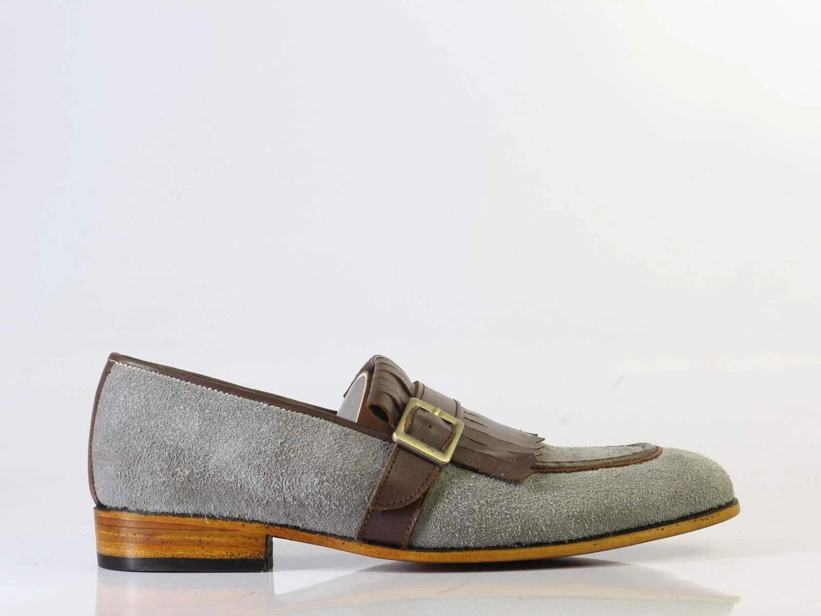 New Men's Handmade Brown Gray Monk Strap & Fringes Leather Suede Shoes, Men Designer Shoes