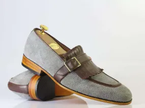 New Men's Handmade Brown Gray Monk Strap & Fringes Leather Suede Shoes, Men Designer Shoes