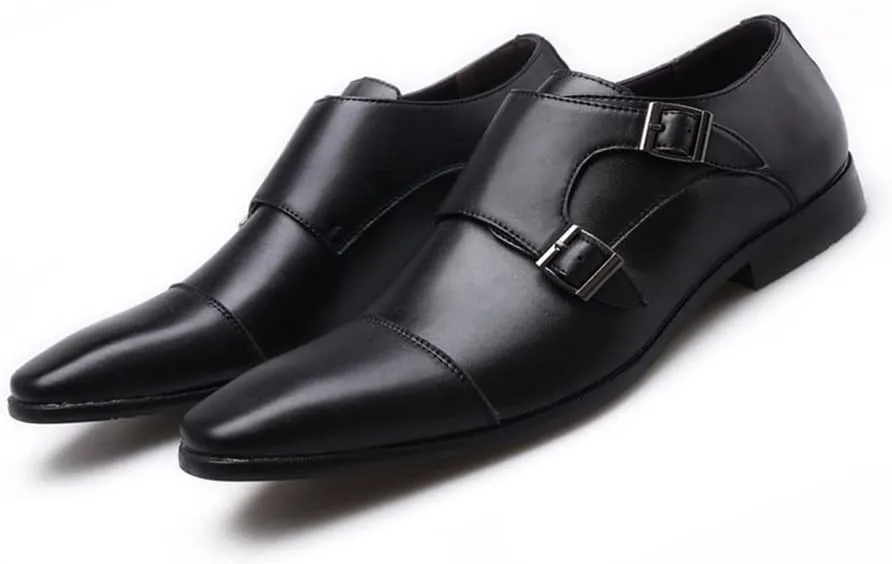 Oxford Shoes for Men Slip On Double Monk Strap Cap Toe PU Leather Rubber Sole Slip Resistant Anti-Slip Low Top Outdoor