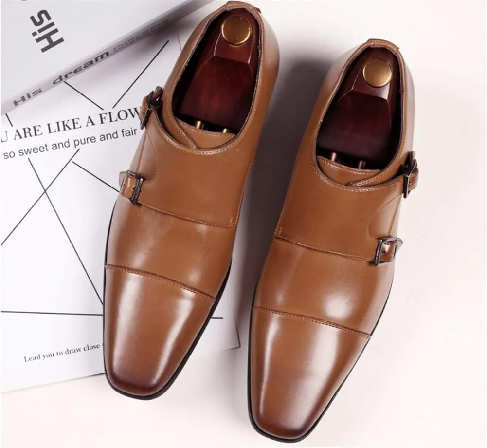 Oxford Shoes for Men Slip On Double Monk Strap Cap Toe PU Leather Rubber Sole Slip Resistant Anti-Slip Low Top Outdoor