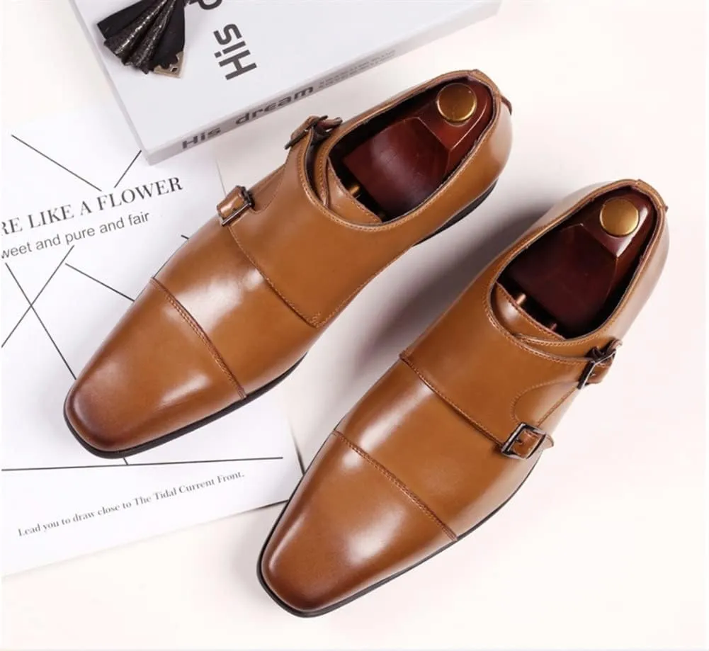 Oxford Shoes for Men Slip On Double Monk Strap Cap Toe PU Leather Rubber Sole Slip Resistant Anti-Slip Low Top Outdoor