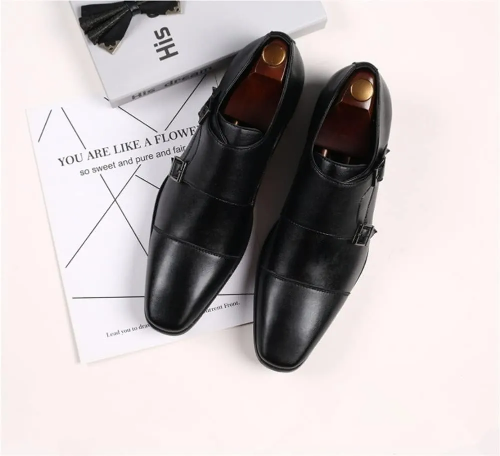 Oxford Shoes for Men Slip On Double Monk Strap Cap Toe PU Leather Rubber Sole Slip Resistant Anti-Slip Low Top Outdoor