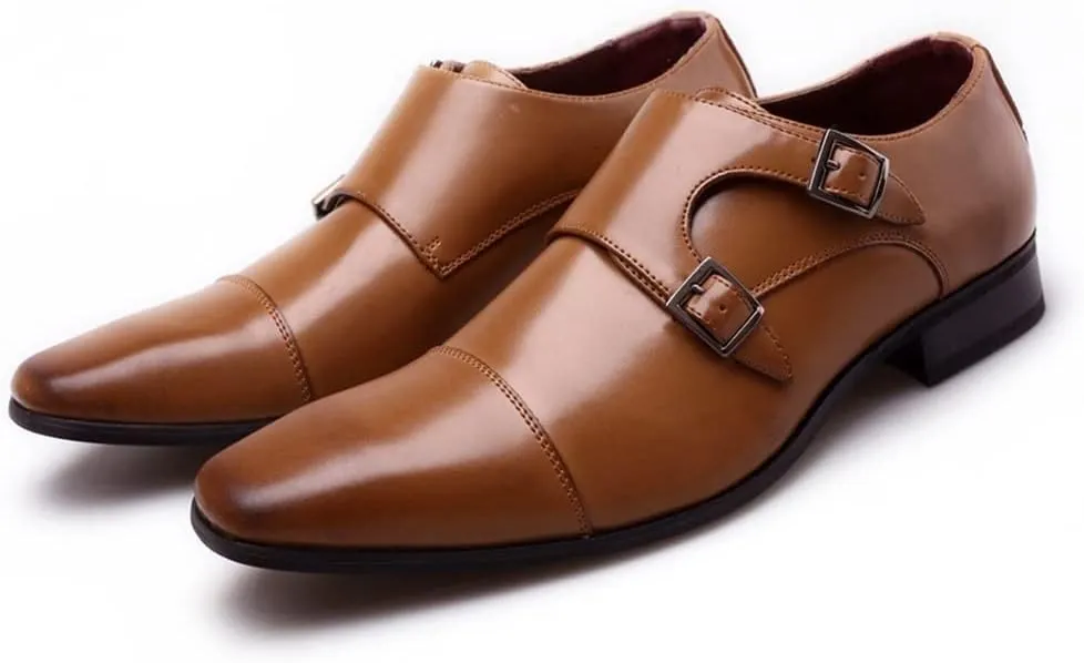 Oxford Shoes for Men Slip On Double Monk Strap Cap Toe PU Leather Rubber Sole Slip Resistant Anti-Slip Low Top Outdoor