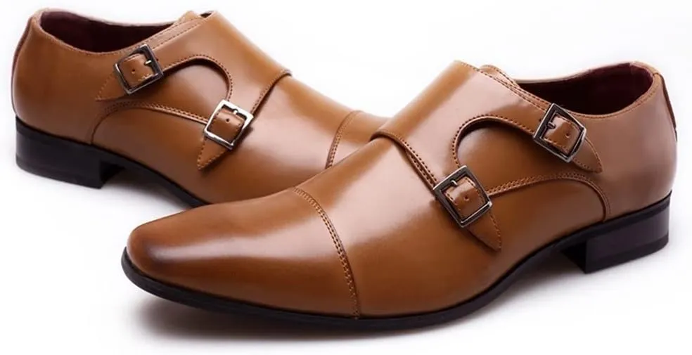 Oxford Shoes for Men Slip On Double Monk Strap Cap Toe PU Leather Rubber Sole Slip Resistant Anti-Slip Low Top Outdoor