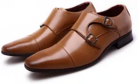 Oxford Shoes for Men Slip On Double Monk Strap Cap Toe PU Leather Rubber Sole Slip Resistant Anti-Slip Low Top Outdoor