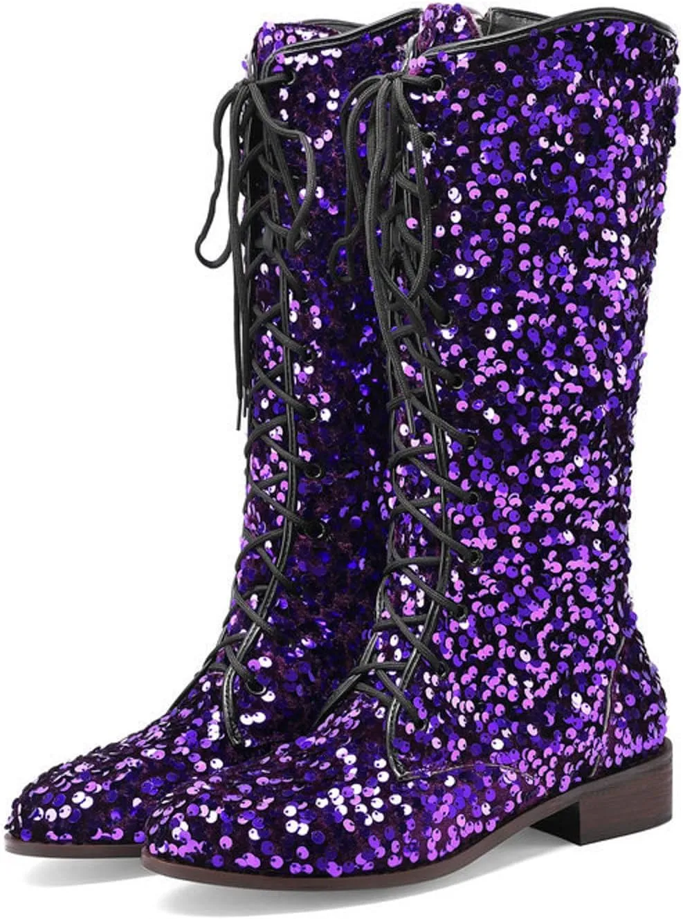 Platform Boots Women's Shiny Sequin Mid Calf Boots Lace-Up Cowgirl Party Boots Long Tall Flats Cowboy Booties