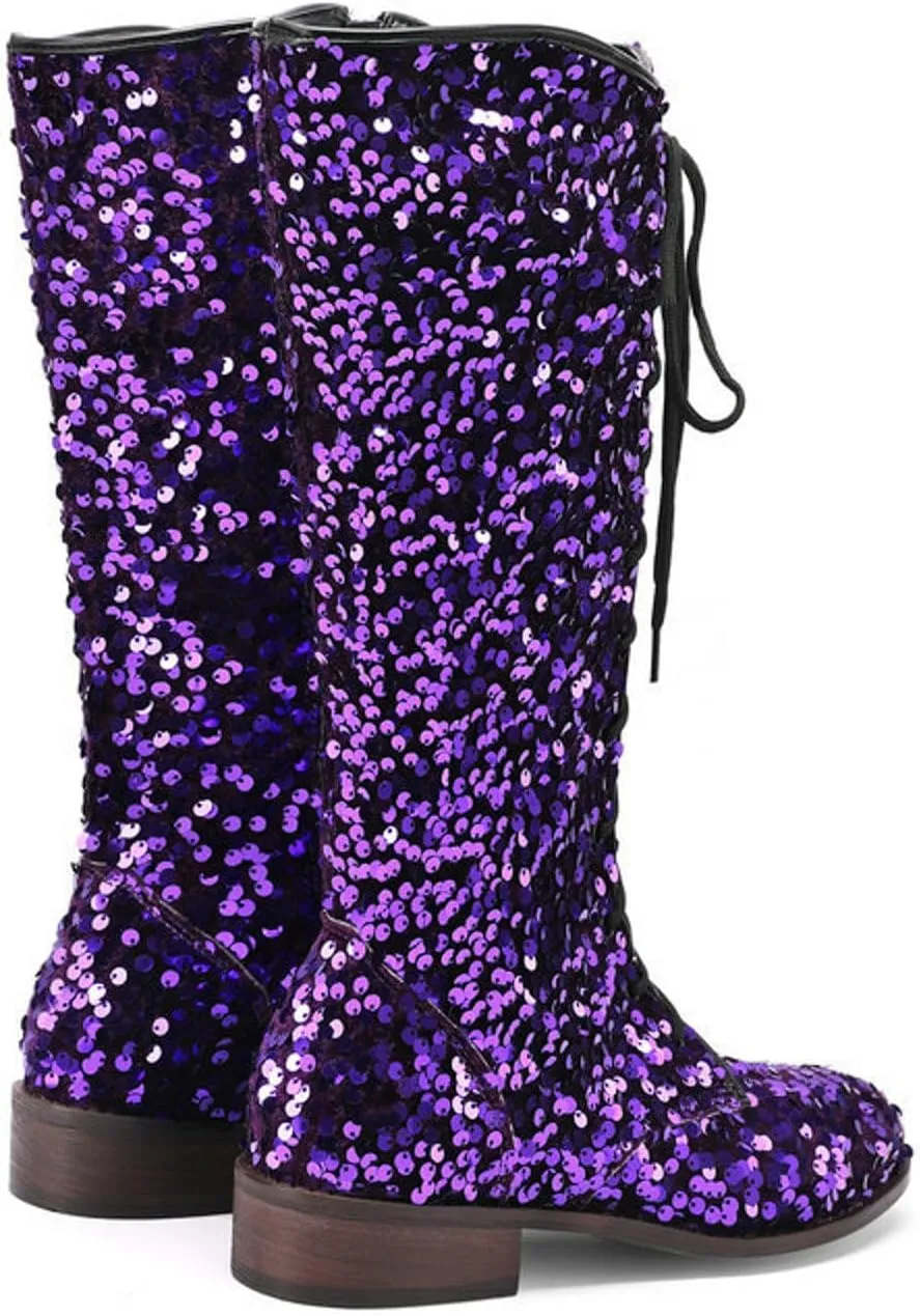 Platform Boots Women's Shiny Sequin Mid Calf Boots Lace-Up Cowgirl Party Boots Long Tall Flats Cowboy Booties