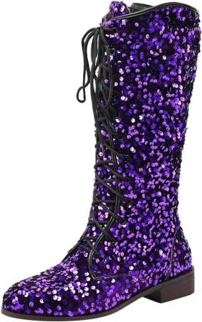 Platform Boots Women's Shiny Sequin Mid Calf Boots Lace-Up Cowgirl Party Boots Long Tall Flats Cowboy Booties
