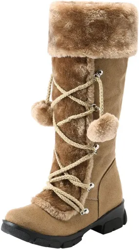 Rain and Snow Boots for Women High Keep Booties Women Snow Hairball Heels Round Women's Boots High Boots Women