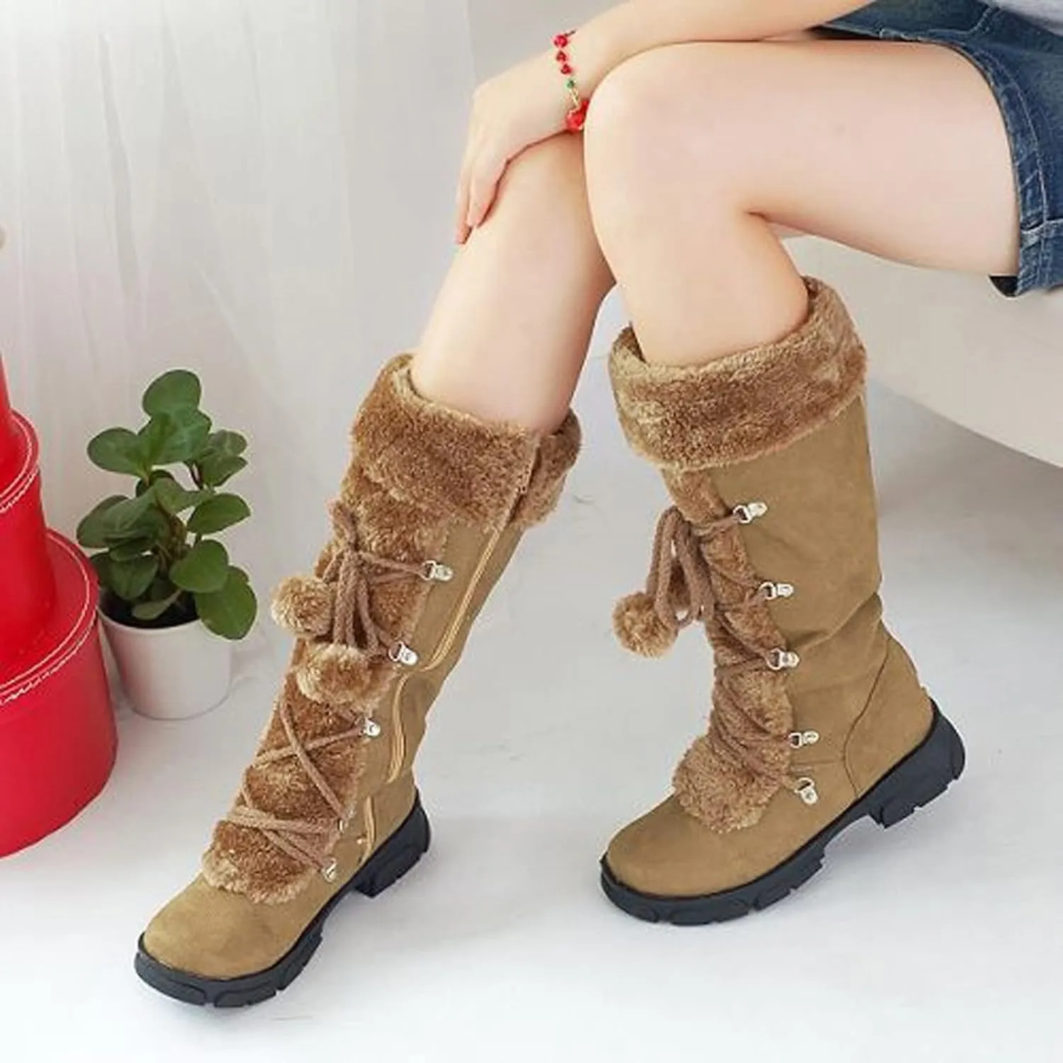 Rain and Snow Boots for Women High Keep Booties Women Snow Hairball Heels Round Women's Boots High Boots Women