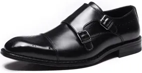 Single Season Dress Oxford Shoes for Men Slip On Double Monk Strap Brogue Cap Toe Leather Block Heel Resistant Non Slip Outdoor Very Popular Among Young People (Color : Black, Size : 8