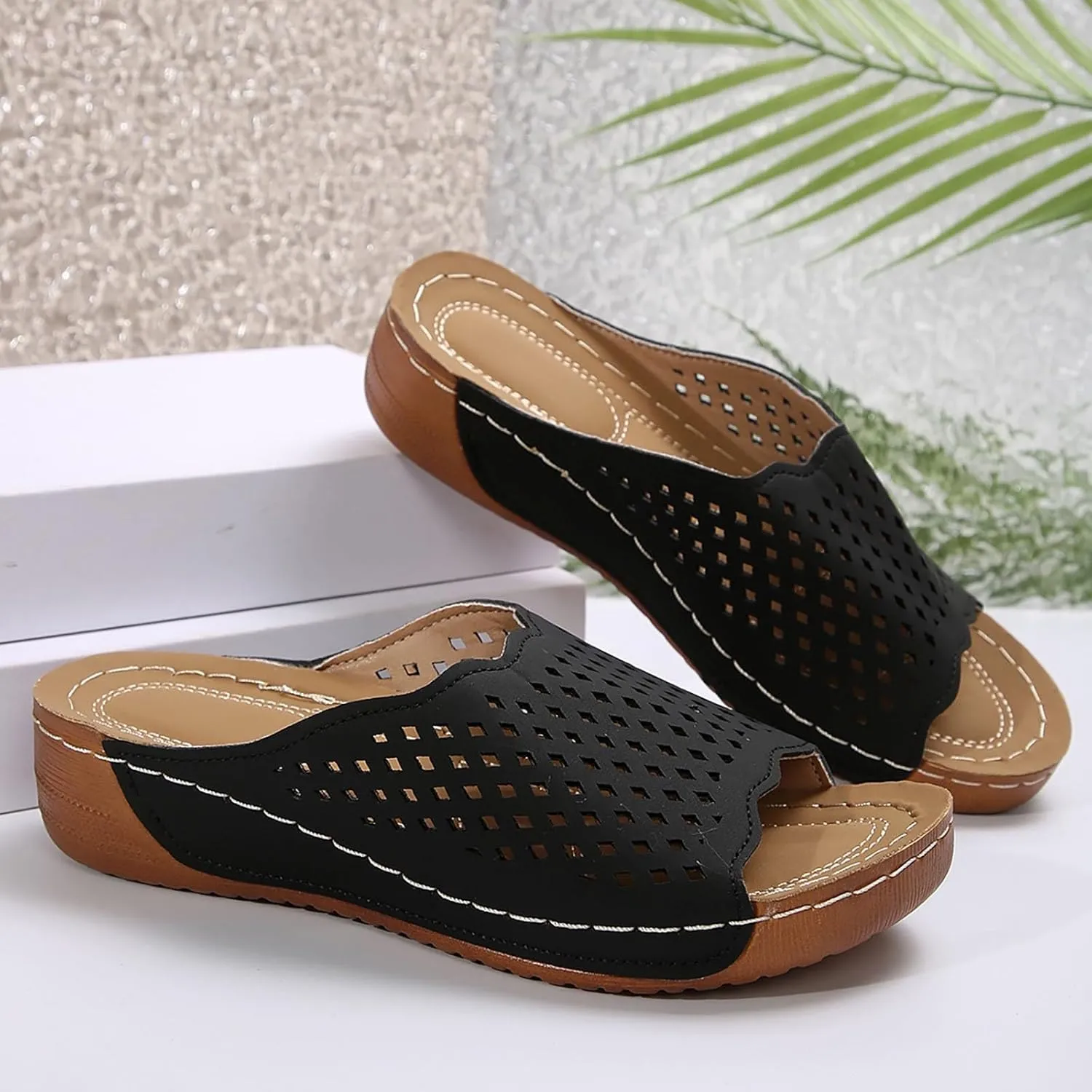 Slippers for Women Summer Beach Platform Sandals Slip on Wide Width Sandals Leather Wedge Slippers Walking Shoes