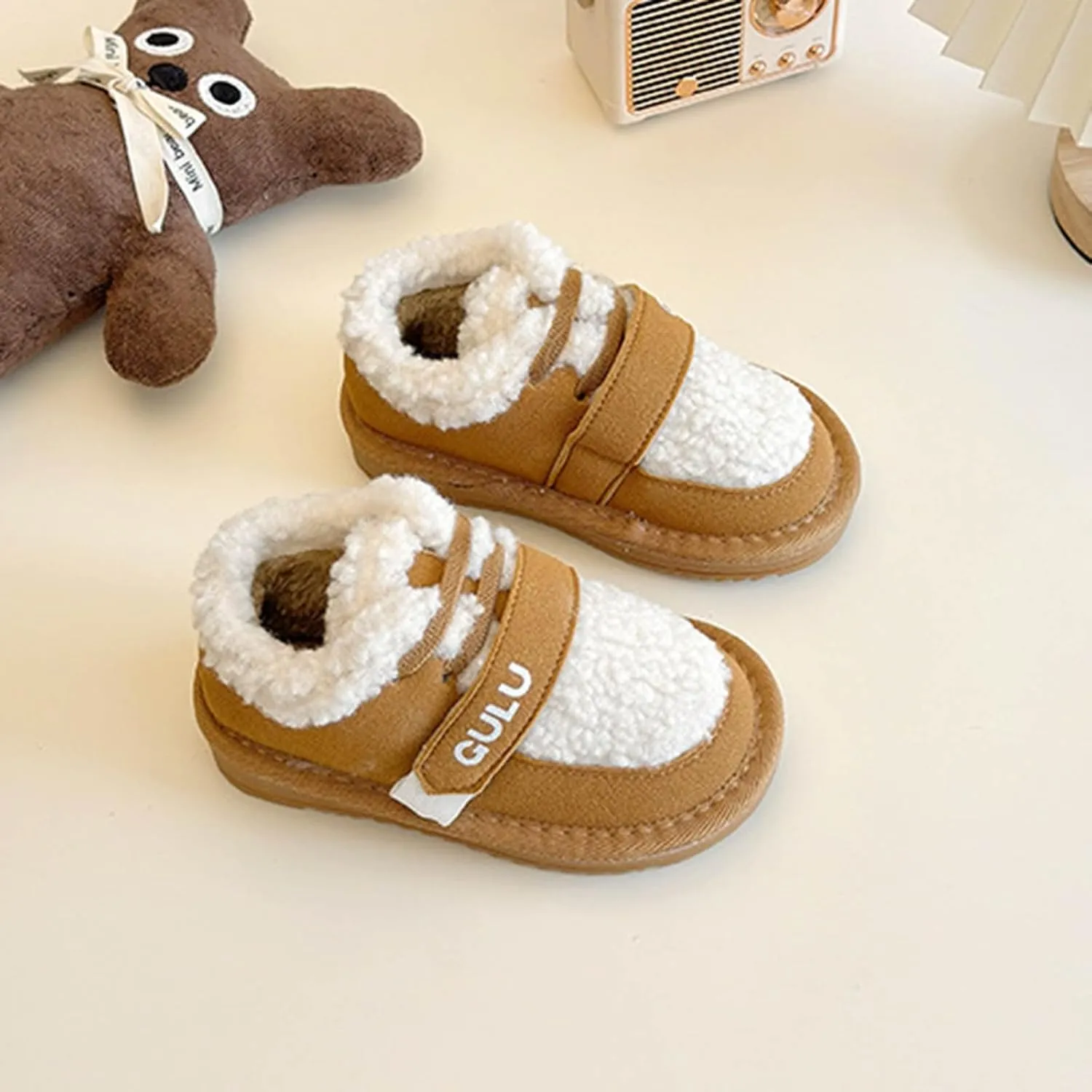 Snow Sneakers for Boys Girls, Suede Platform Warm Fr Lined Fashion Slip-on Comfortable Winter Flat Ankle Shoes