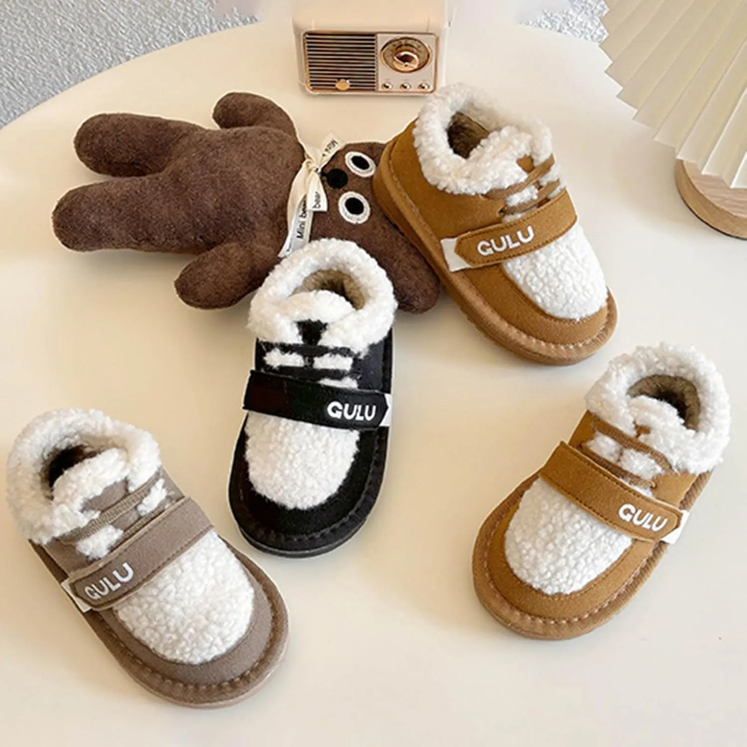 Snow Sneakers for Boys Girls, Suede Platform Warm Fr Lined Fashion Slip-on Comfortable Winter Flat Ankle Shoes
