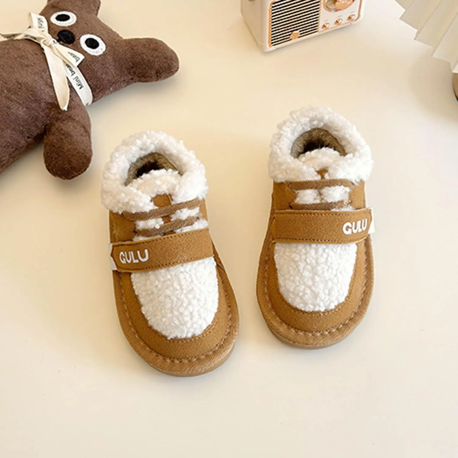 Snow Sneakers for Boys Girls, Suede Platform Warm Fr Lined Fashion Slip-on Comfortable Winter Flat Ankle Shoes