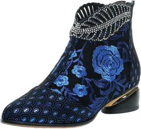 Sparkly Rhinestones Ankle Boots for Women Chunky Heel Vintage Pointed Toe Flower Embroidery Hollow Slip on Mid Heel Booties Retro Casual Ladies Shoes