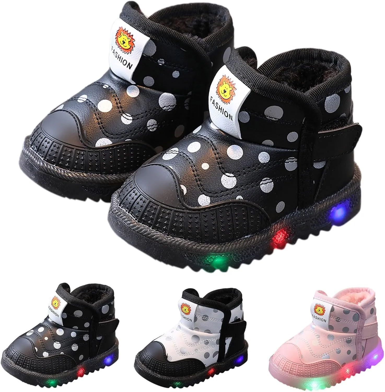 Toddler Non Slip Booties Boys Girls Lights Up Led Soft Sole Flat Shoes Fleece Cotton Lined Warm Boots Walking Shoes