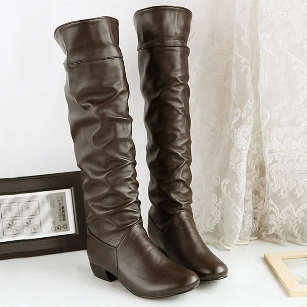 White Cowgirl Boots Pleated Thigh High Boots Low Block Heel Knee High Boots Over Knee Tall Long Bootie