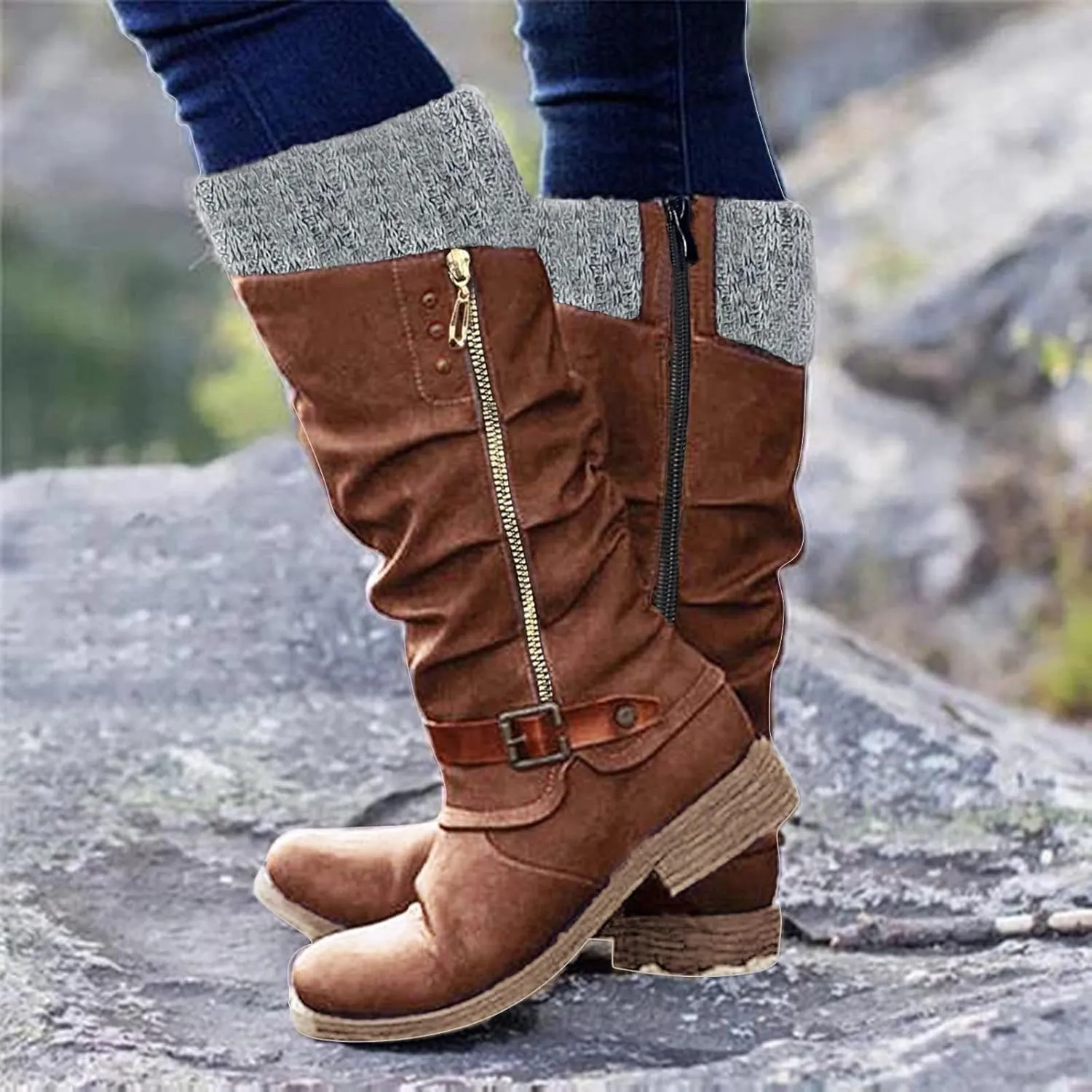 White Cowgirl Boots Suede Zipper Thigh High Boots Low Heels Knee High Boots Over Knee Tall Long Bootie