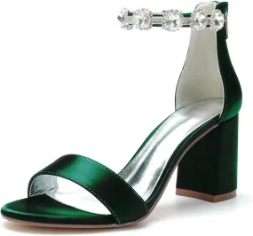 Women's Block Heel Wedding Shoes for Bride Chunky Heeled Sandals Rhinestones Bridal Shoes