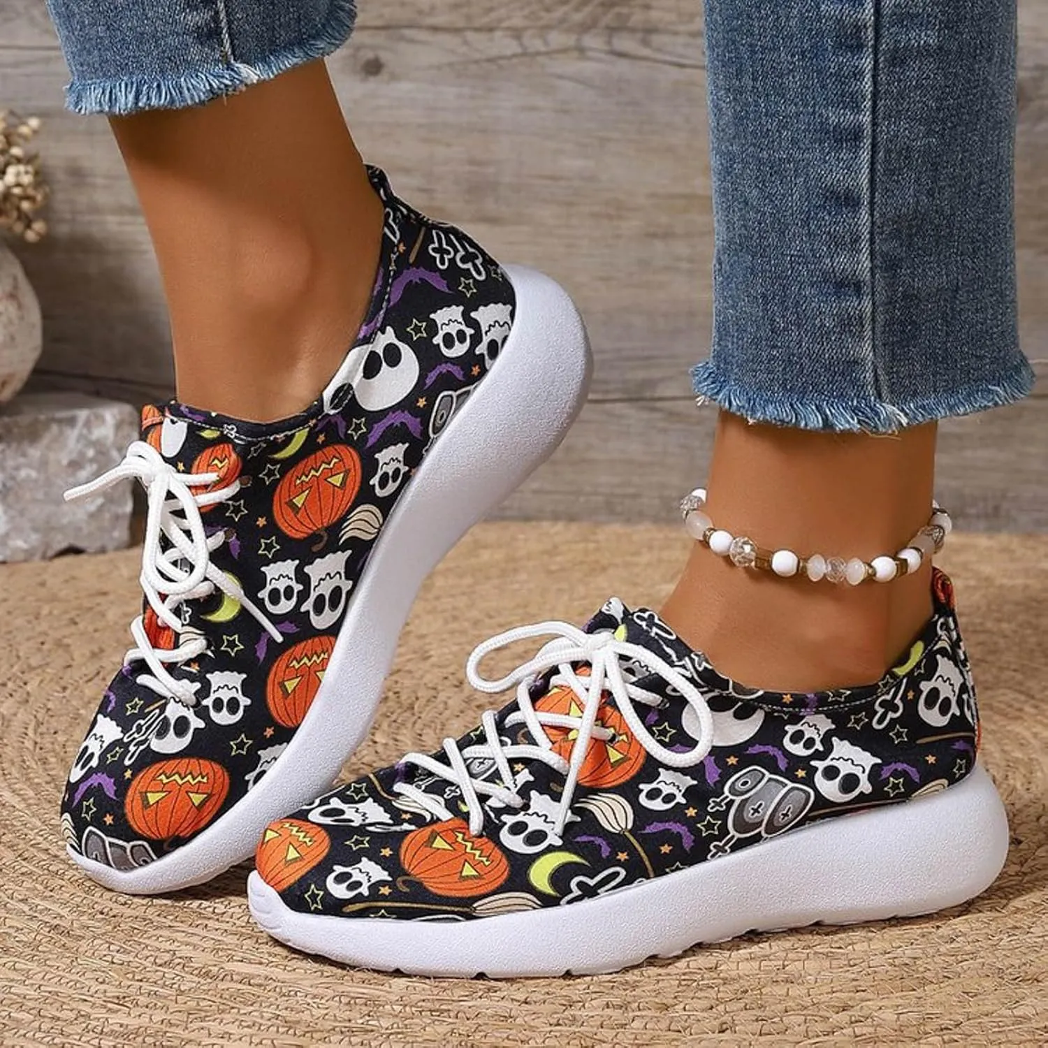 Womens Halloween Pumpkin Sneakers Print Canvas Shoes Halloween Decorations Slip On Loafers Low Top Casual Shoes Canvas Sneaekers Flat Tennis Comfortable Walking Shoes
