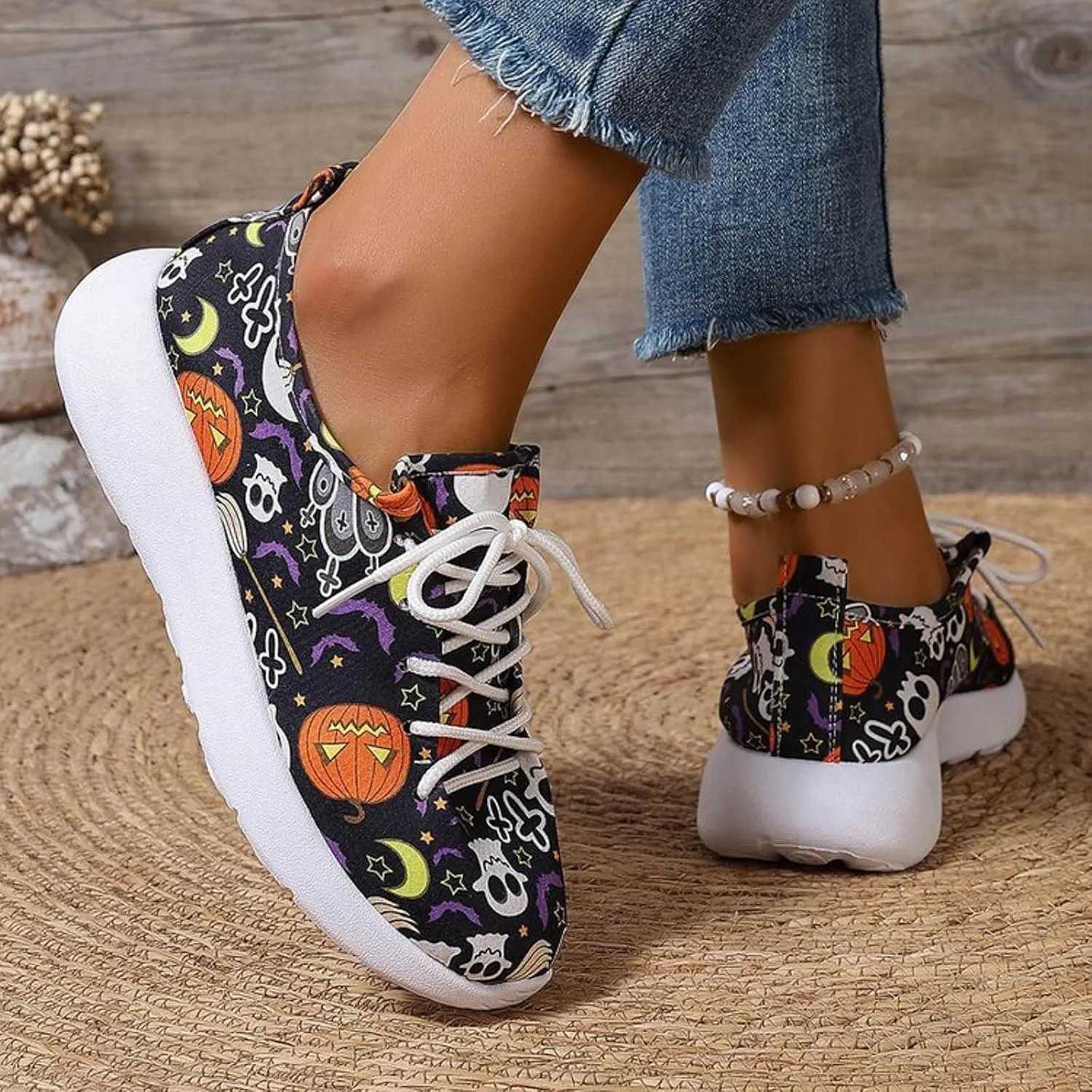 Womens Halloween Pumpkin Sneakers Print Canvas Shoes Halloween Decorations Slip On Loafers Low Top Casual Shoes Canvas Sneaekers Flat Tennis Comfortable Walking Shoes