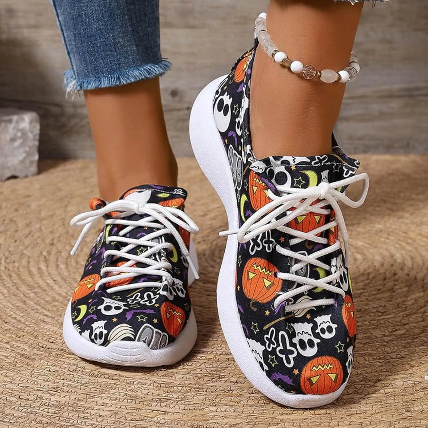Womens Halloween Pumpkin Sneakers Print Canvas Shoes Halloween Decorations Slip On Loafers Low Top Casual Shoes Canvas Sneaekers Flat Tennis Comfortable Walking Shoes