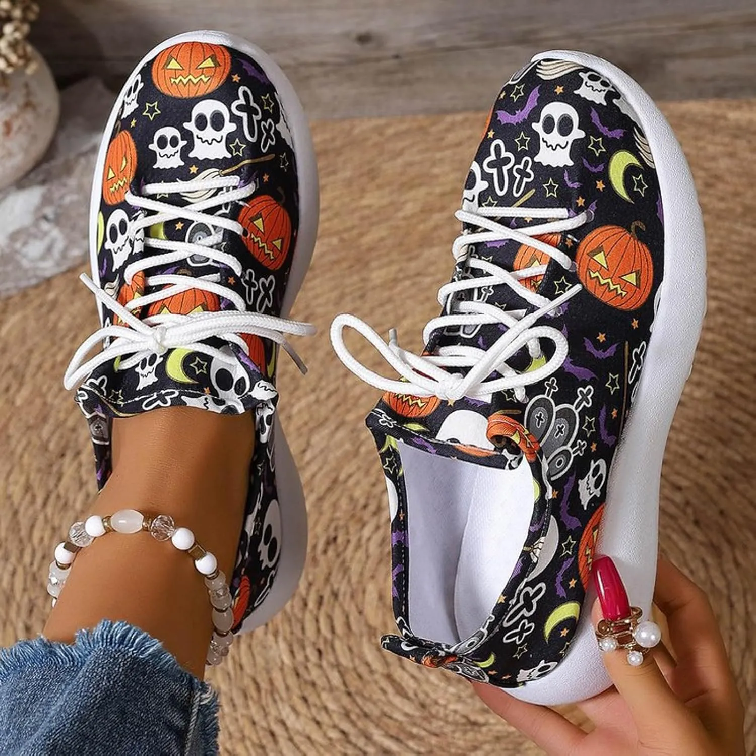 Womens Halloween Pumpkin Sneakers Print Canvas Shoes Halloween Decorations Slip On Loafers Low Top Casual Shoes Canvas Sneaekers Flat Tennis Comfortable Walking Shoes