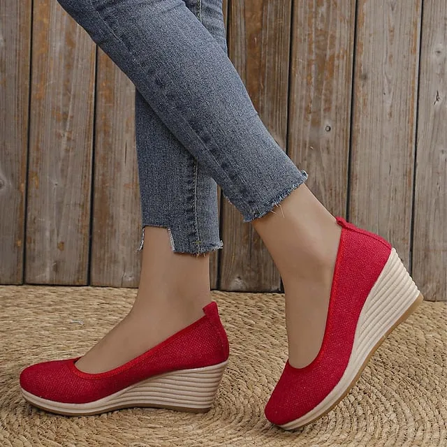 Women's Heels Wedge Heels Espadrilles Comfort Shoes Outdoor Daily Summer Wedge Heel Round Toe Elegant Casual Comfort Canvas Loafer Solid Color White flat Black flat Black
