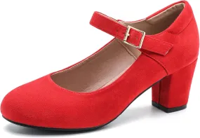 Women's Mary Jane Shoes Low Block Heel Ankle Strap Closed Round Toe Pumps Dress Wedding Office Work Church Shoes Red Suede 37-6.5US