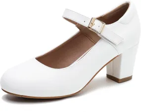 Women's Mary Jane Shoes Low Block Heel Ankle Strap Closed Round Toe Pumps Dress Wedding Office Work Church Shoes White Matte 38-7US