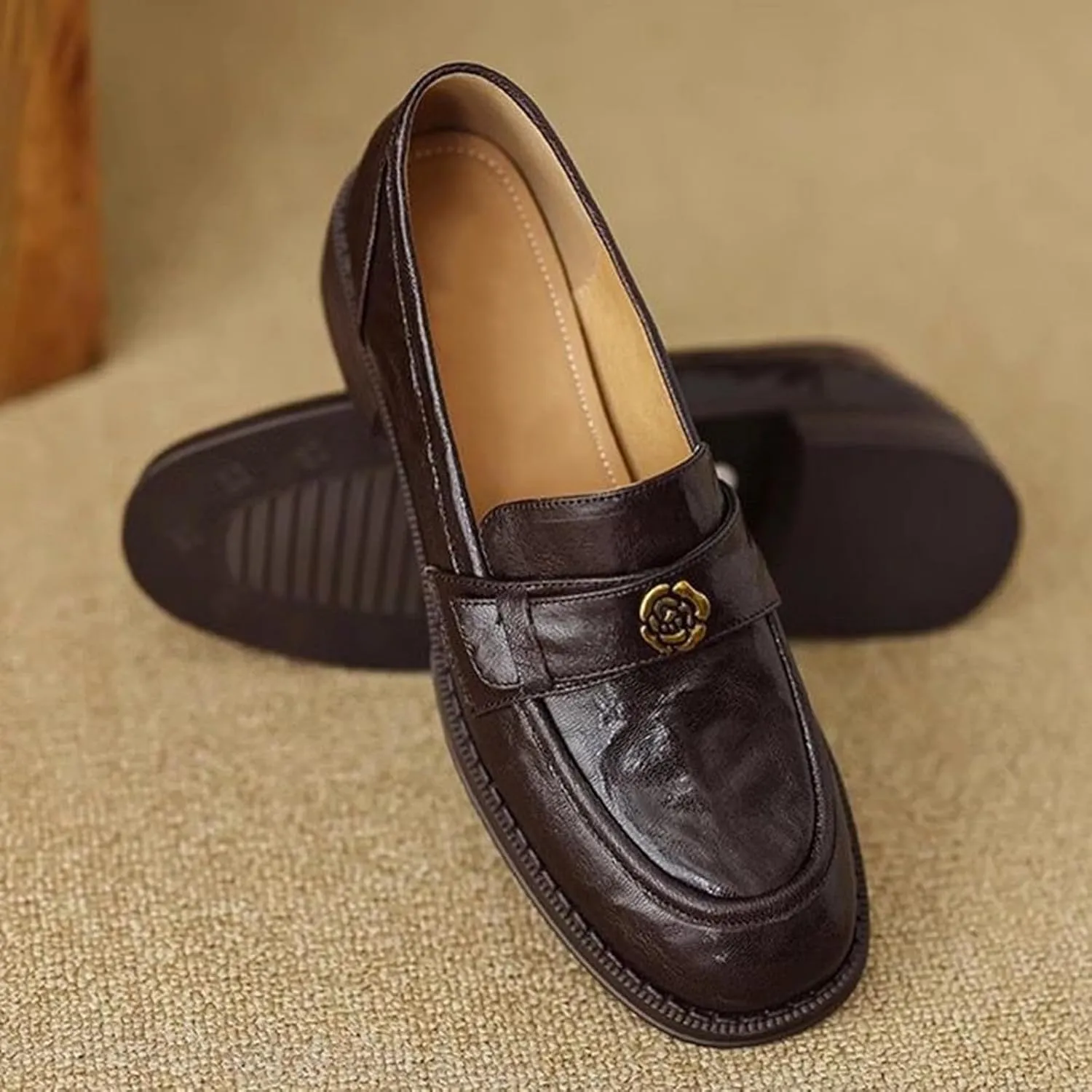 Women's Platform Soft Leather Slip-on Loafers - Ideal for Business, Casual, Office - Autumn Leather - Single Shoes,Brown-40