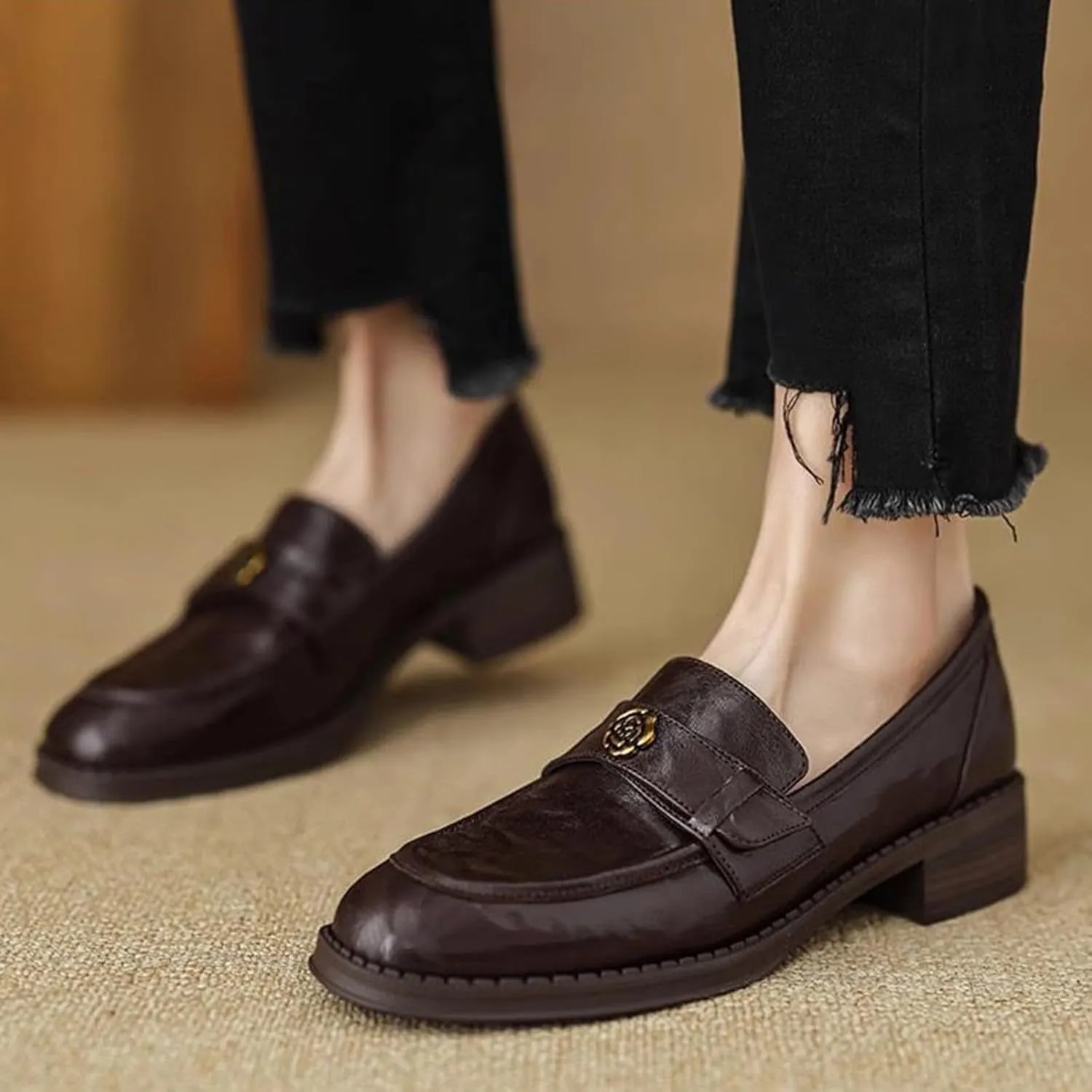 Women's Platform Soft Leather Slip-on Loafers - Ideal for Business, Casual, Office - Autumn Leather - Single Shoes,Brown-40