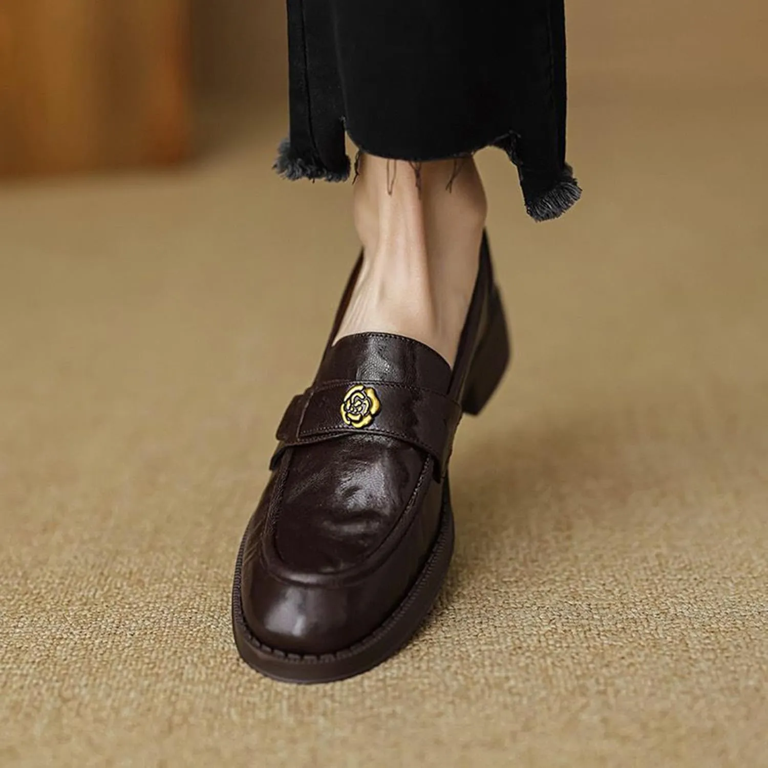 Women's Platform Soft Leather Slip-on Loafers - Ideal for Business, Casual, Office - Autumn Leather - Single Shoes,Brown-40