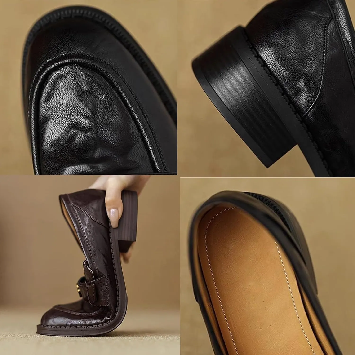 Women's Platform Soft Leather Slip-on Loafers - Ideal for Business, Casual, Office - Autumn Leather - Single Shoes,Brown-40