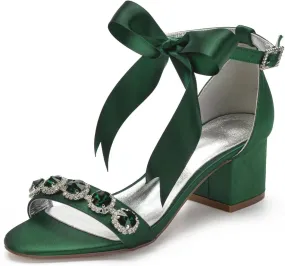 Women's Wedding Shoes for Bride Chunky Heeled Sandals Rhinestones Block Bridal Shoes with Ribbon Tie