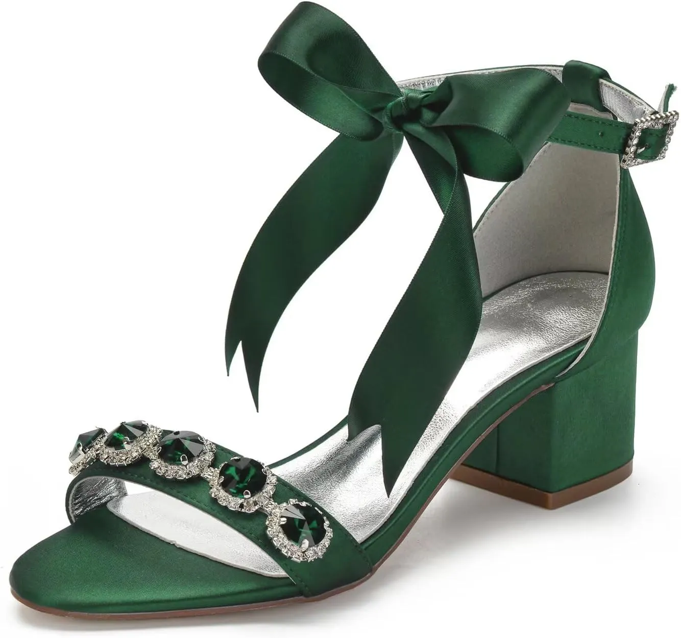 Women's Wedding Shoes for Bride Chunky Heeled Sandals Rhinestones Block Bridal Shoes with Ribbon Tie
